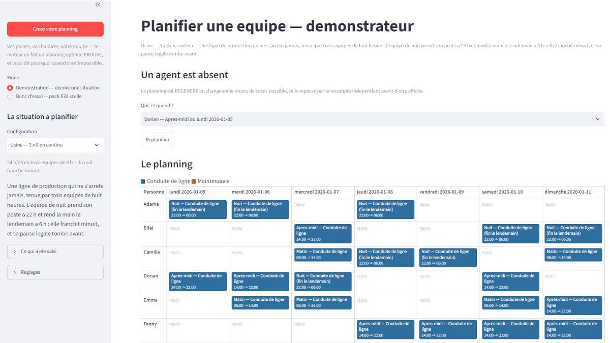 Capture du moteur de planification : planning d’équipe généré et vérifié
