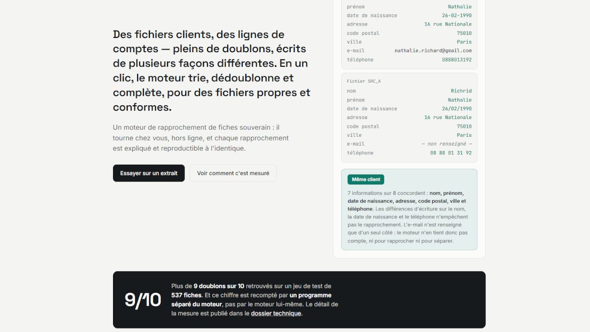 Capture du moteur de rapprochement : fiches fusionnées et mesure publiée